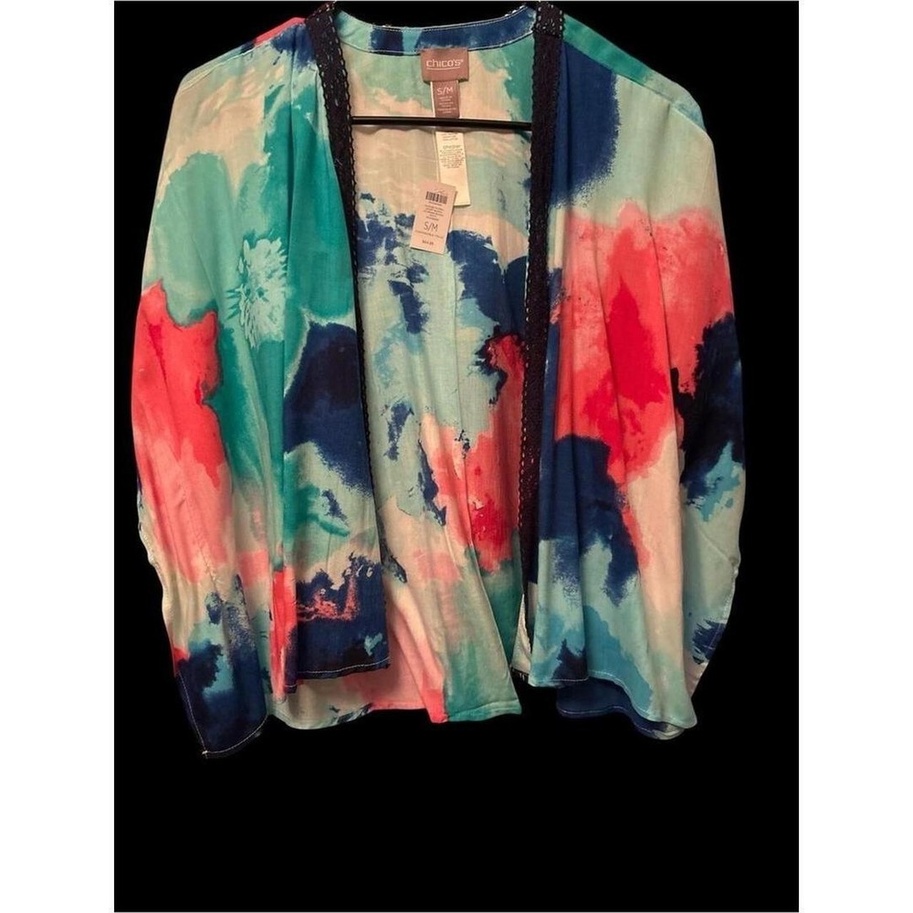 Chico's Watercolor Kimono in Turquoise, Coral & Navy
